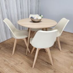 KOSY KOALA Round Oak Effect Kitchen Dining Table With 4 Cream Tulip Chairs Table Set - thumbnail 3