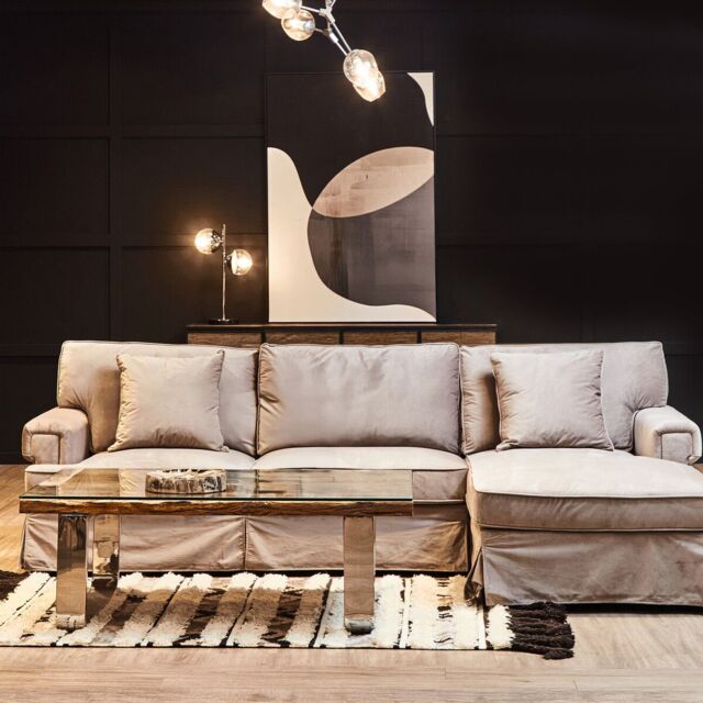 Orsina Three‑Seat Black Velvet Chaise Sofa, Black Velvet Upholstery with Wooden Base, Padded Key‑Style Arms in Grey - image 1