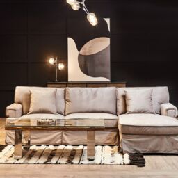 Orsina Three‑Seat Black Velvet Chaise Sofa, Black Velvet Upholstery with Wooden Base, Padded Key‑Style Arms in Grey