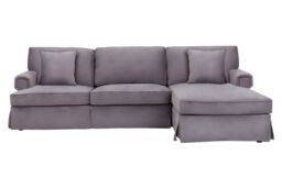 Orsina Three‑Seat Black Velvet Chaise Sofa, Black Velvet Upholstery with Wooden Base, Padded Key‑Style Arms in Grey - thumbnail 6