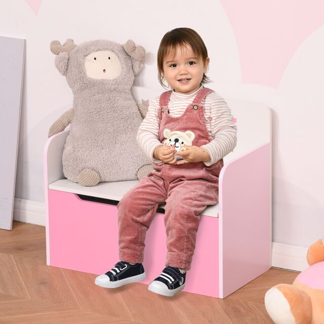HOMCOM Kids Wooden Toy Box Children Storage Chest Bench Organiser Safety Hinge in Pink - image 1