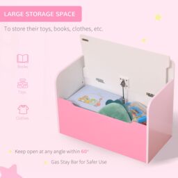 HOMCOM Kids Wooden Toy Box Children Storage Chest Bench Organiser Safety Hinge in Pink - thumbnail 5