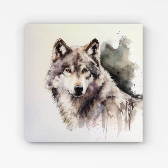 Warren Reed - Designer Loyal Wolf Watercolour Canvas in Brown - Size: w10 inch x h10 inch - image 1