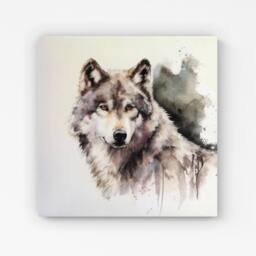 Warren Reed - Designer Loyal Wolf Watercolour Canvas in Brown - Size: w10 inch x h10 inch - thumbnail 1