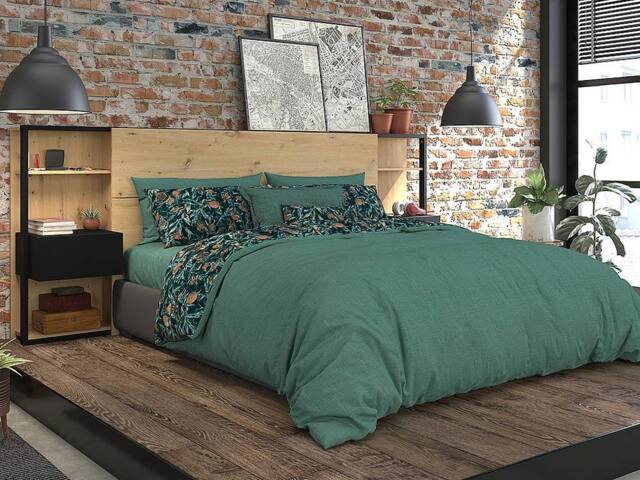Vente-unique Headboard With Bedside Tables - 160 Cm - Oak & Black - MISTA in Light Oak - Size: Double - image 1