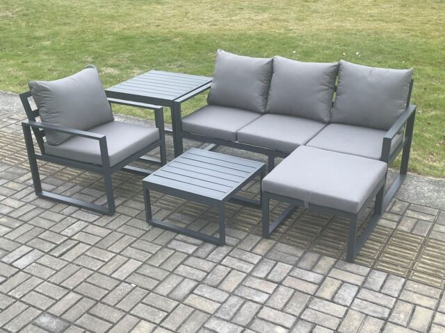 Fimous Aluminium Outdoor Garden Furniture Set Lounge Sofa Chairs Square Coffee Table Sets with Side Table Big Footstool Conservatory Set in Dark Grey - image 1