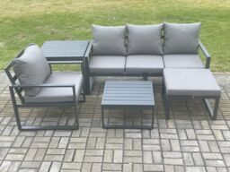 Fimous Aluminium Outdoor Garden Furniture Set Lounge Sofa Chairs Square Coffee Table Sets with Side Table Big Footstool Conservatory Set in Dark Grey - thumbnail 2