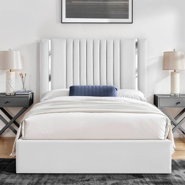 UK Bed Furniture Valencia Gas Lift Storage Upholstered Bed with 48 Inch Headboard in White - Size: Single - image 1