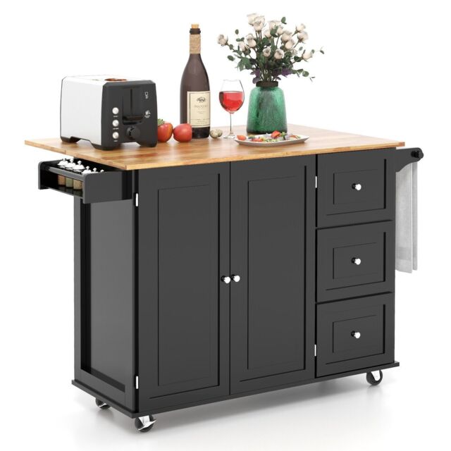 Costway Kitchen Storage Trolley Cart Rolling Island Shelves Cupboard 3 Drawers Cabinet in Black - image 1