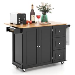 Costway Kitchen Storage Trolley Cart Rolling Island Shelves Cupboard 3 Drawers Cabinet in Black