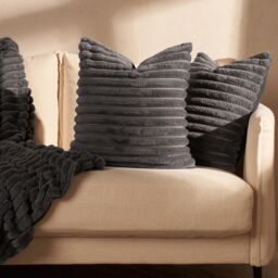 OHS 2 x Faux Fur Thick Rib Cushion Covers in Charcoal - Size: 45 cm x 45 cm