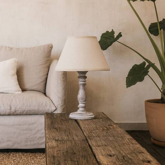 Wyld Haus Bastide White Washed Turned Column Table Lamp with Cream Linen Shade - Size: 10 inches - image 1