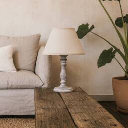 Wyld Haus Bastide White Washed Turned Column Table Lamp with Cream Linen Shade - Size: 10 inches