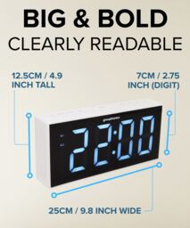 "Denver Large Digit Digital Alarm Clock Radio - Mains Powered, 9"" Display, Brightness Control in White" - thumbnail 8