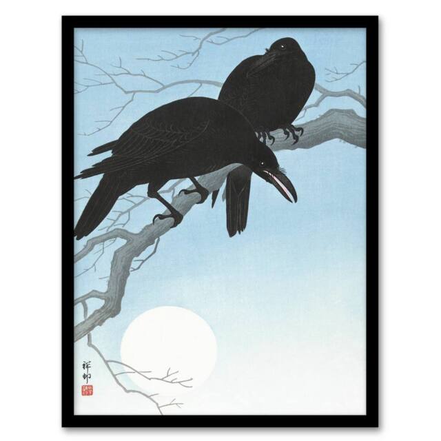 Artery8 Ohara Koson Framed Wall Art Print Two Crows On A Tree Branch in Blue - Size: A4 - image 1