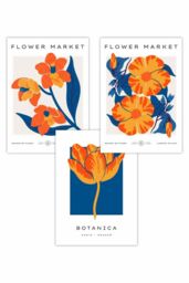 ARTZE Set of 3 Blue & Orange Flower Market Art Posters - Size: W50 cm x H70 cm - thumbnail 1