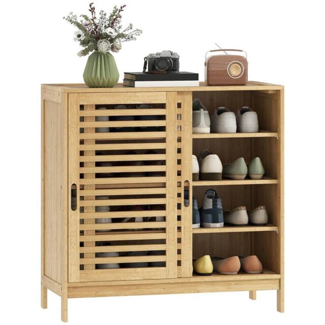 NESTLUNE amboo Shoe Cabinet with 2 Sliding Slat Doors in Brown - Size: 100 cm x 15 cm - image 1