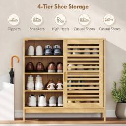 NESTLUNE amboo Shoe Cabinet with 2 Sliding Slat Doors in Brown - Size: 100 cm x 15 cm - thumbnail 5