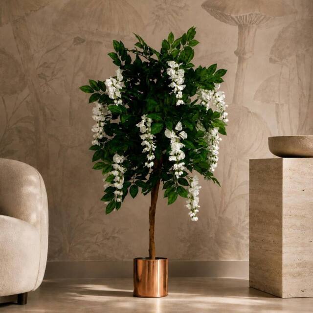 Leaf 130cm Artificial Wisteria Tree White Flowers Copper Planter in Green - image 1