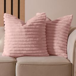 OHS 2 x Faux Fur Thick Rib Cushion Covers in Pink - Size: 45 cm x 45 cm - thumbnail 1