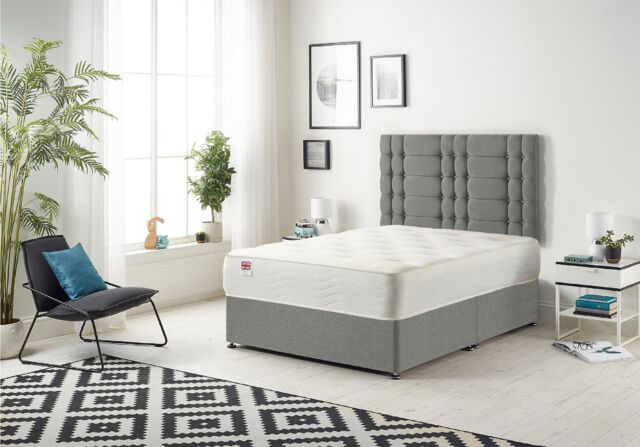 Somnior Bliss Divan Bed with Sprung Memory Foam Mattress & Headboard Linen Fabric in Silver - Size: Small Double - image 1