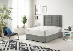 Somnior Bliss Divan Bed with Sprung Memory Foam Mattress & Headboard Linen Fabric in Silver - Size: Small Double