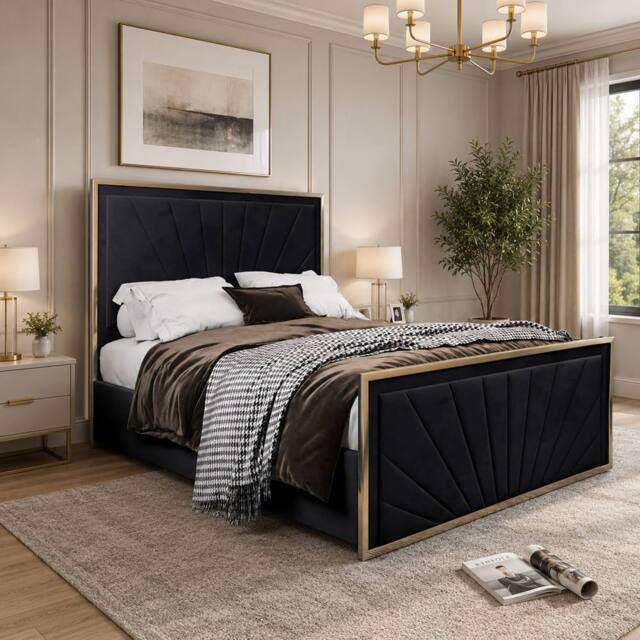 Casani Somerton Upholstered Soft Velvet Black Metal Designer Bed Frame - Size: Double - image 1
