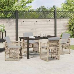 Berkfield Home Modern 5 Piece Garden Dining Set with Cushions Beige Poly Rattan - thumbnail 4