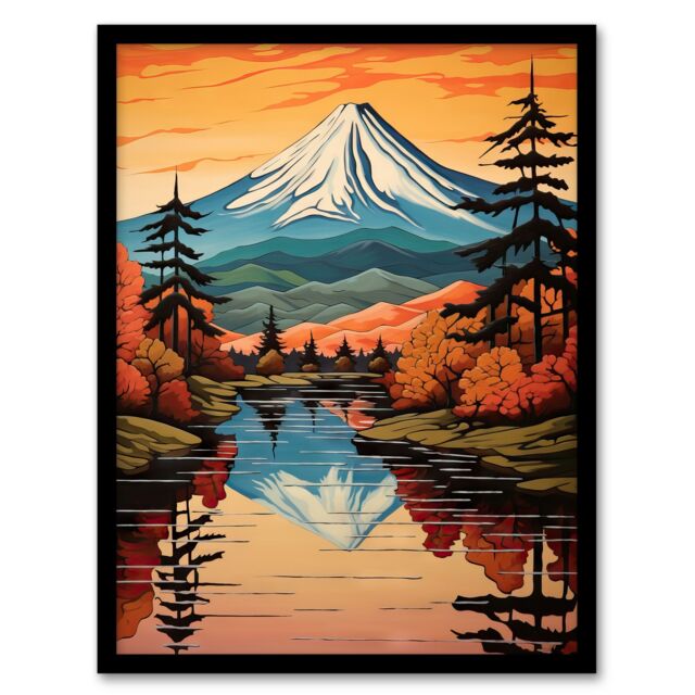 Artery8 Mount Fuji Reflecting In Lake Kawaguchi Waters Oil Painting Autumn In Japan Sacred Volcano Mountain Art Print Framed Poster Wall Decor - image 1