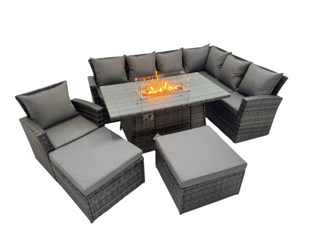 Fimous Rattan Corner Sofa Chair Set Gas Fire Pit Table with 2 Big Footstools in Dark Grey - image 1