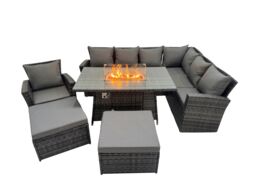 Fimous Rattan Corner Sofa Chair Set Gas Fire Pit Table with 2 Big Footstools in Dark Grey - thumbnail 2