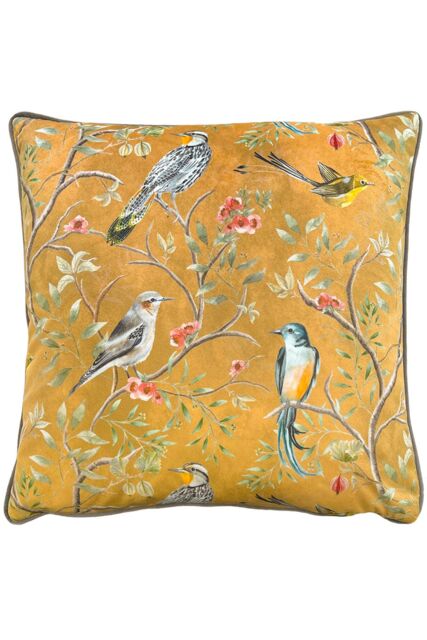 Wylder Tropics Orient Chinoiserie Birds Printed Piped Velvet Cushion in Gold - Size: 43 cm x 43 cm - image 1
