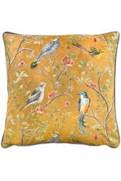 Wylder Tropics Orient Chinoiserie Birds Printed Piped Velvet Cushion in Gold - Size: 43 cm x 43 cm