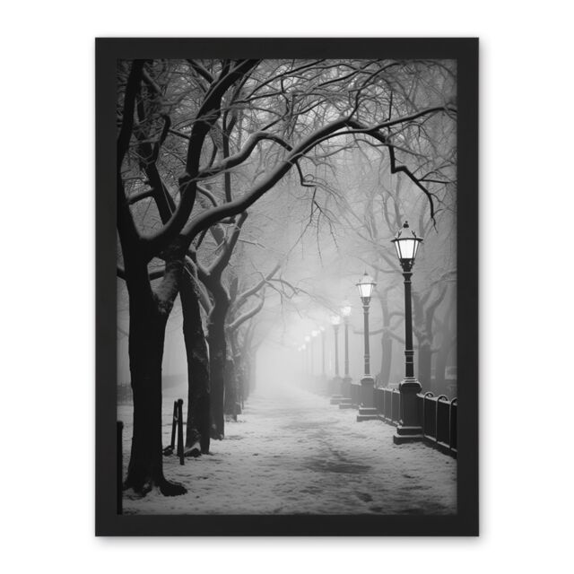 Artery8 Wall Art Print Snow Covered Street in the Misty Glow of Light Posts Atmospheric Black & White Photograph Large Framed Wall Décor Art - image 1