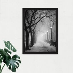 Artery8 Wall Art Print Snow Covered Street in the Misty Glow of Light Posts Atmospheric Black & White Photograph Large Framed Wall Décor Art - thumbnail 2