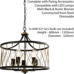 Loops Multi Light Ceiling Pendant 5 Bulb MATT BLACK & BRONZE Vintage Chandelier Lamp - thumbnail 2