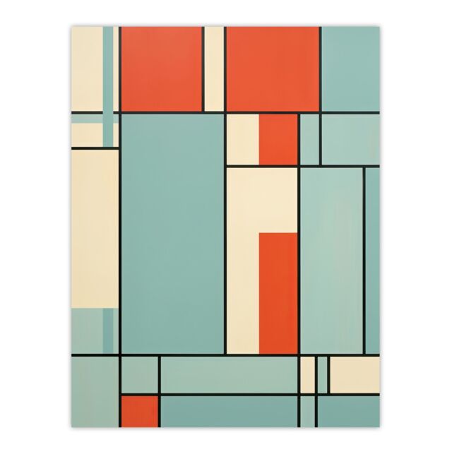 "Artery8 Wall Art Print Piet Mondrian Inspired Teal & Coral Abstract Geometry Artwork Poster - Size: W12"" x H16""" - image 1