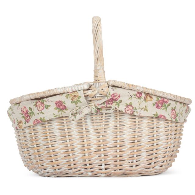 Red Hamper Wicker White Wash Finish Oval lined Picnic Basket - image 1