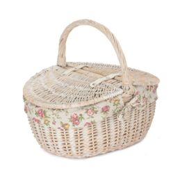 Red Hamper Wicker White Wash Finish Oval lined Picnic Basket - thumbnail 3