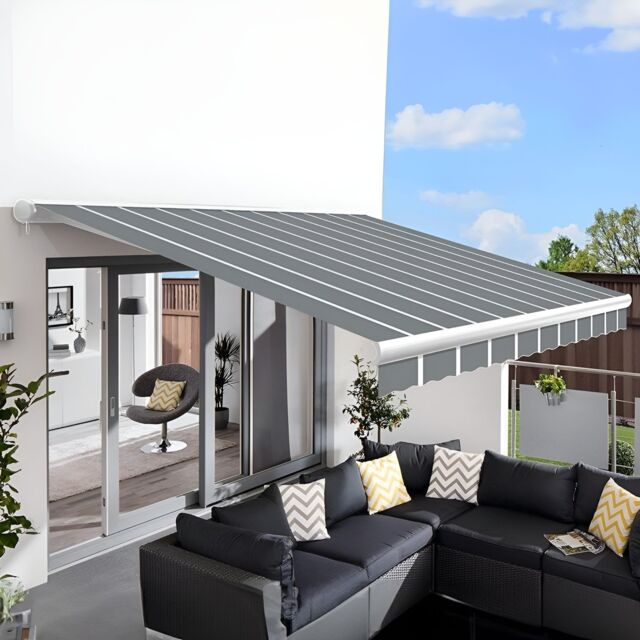 Primrose Awnings Retractable Sun Canopy Manual Full Cassette Patio Awning 4.0m x 3.0m in Pale Grey