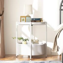 Huhote Round Side Table Fabric Basket End Table for Small Space 2 Tiers in White - thumbnail 3