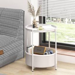 Huhote Round Side Table Fabric Basket End Table for Small Space 2 Tiers in White - thumbnail 1