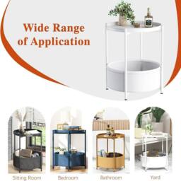 Huhote Round Side Table Fabric Basket End Table for Small Space 2 Tiers in White - thumbnail 6