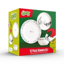 The Grinch 12PC Porcelain Dinner Set Plates Bowl Christmas Dinnerware in White - Size: 12 Pack