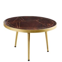 Indian Hub Dark Gold Round Coffee Table - Solid Mango Wood - L80 x W80 x H45 cm in Brown - thumbnail 1