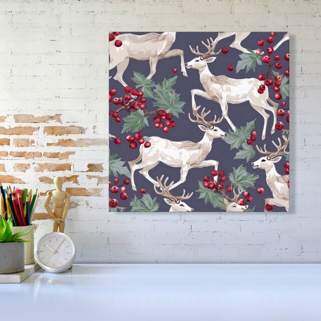 "Warren Reed - Designer Reindeers & Holly Canvas - Size: W16"" x H16""" - image 1