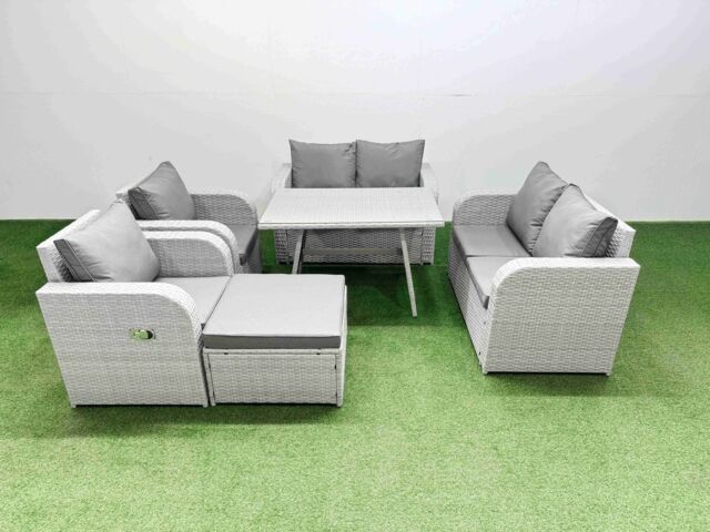 Fimous 7 Seater Rattan Garden Furniture Set Outdoor Love Sofa Set in Light Grey - image 1