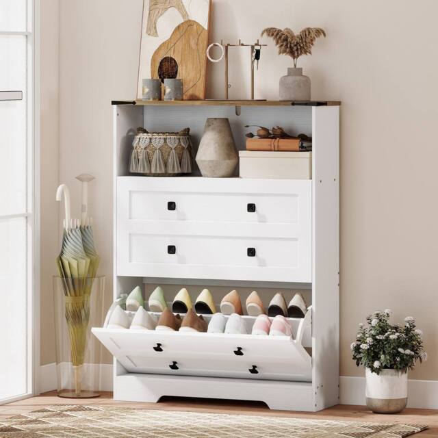 HOMCOM Narrow Shoe Cabinet, Shoe Storage Cabinet with 2 Flip Drawers, White - image 1