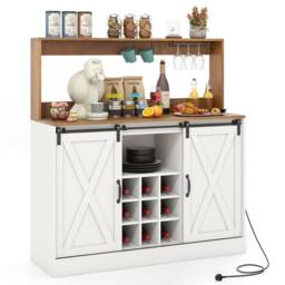 Costway Farmhouse Coffee Bar Cabinet 120cm Wine Cabinet w/Charging Station in White - thumbnail 1