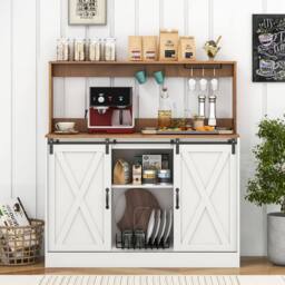 Costway Farmhouse Coffee Bar Cabinet 120cm Wine Cabinet w/Charging Station in White - thumbnail 3